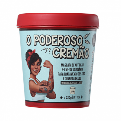 Creme nutritivo para cabelo O Poderoso Cremão com ilustração de mulher tatuada