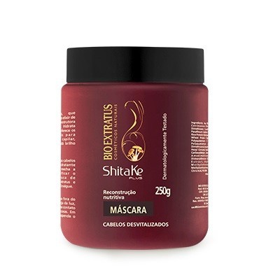 frasco plástico vermelho com tampa preta e rótulo da máscara capilar Bio Extratus Shitake