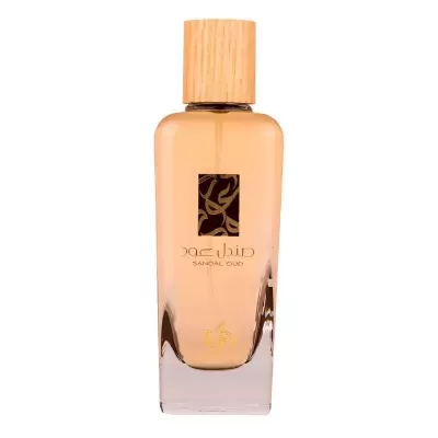Garrafa de perfume Sandal Oud, cor âmbar, tampa de madeira, texto dourado