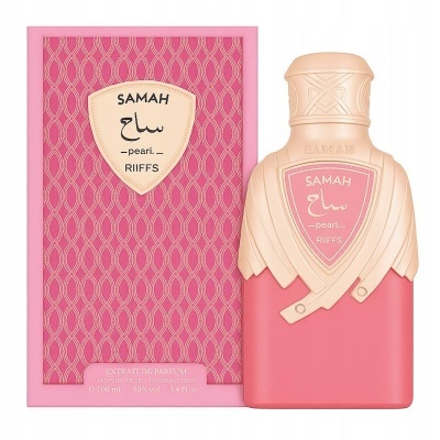 Perfume SAMAH peari RIIFFS em embalagem rosa e garrafa com tampa creme