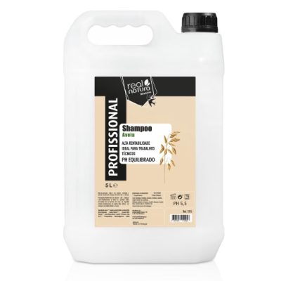 Recipiente branco de plástico 5 litros shampoo aveia com rótulo preto e bege.