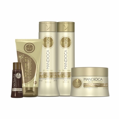 Conjunto de produtos cosméticos Mandioca by Hiske em frascos bege e dourado