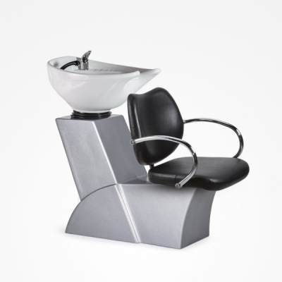 Cadeira de salão com cuba branca para lavagem de cabelo e assento preto