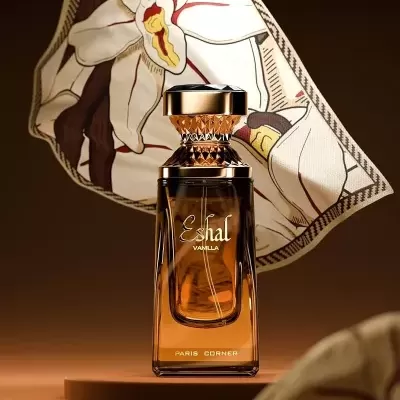 Frasco de perfume Eshal Vanilla sobre suporte com tecido floral ao fundo