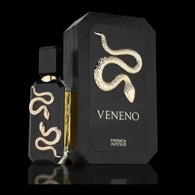Frasco de perfume preto com desenho de cobra dourada e caixa preta com relevo da cobra e texto VENENO FRENCH AVENUE