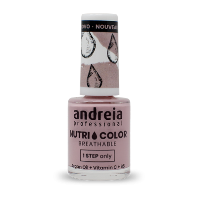 Frasco de verniz de unhas rosa claro Andreia Nutri Color com tampa branca e gotas pretas