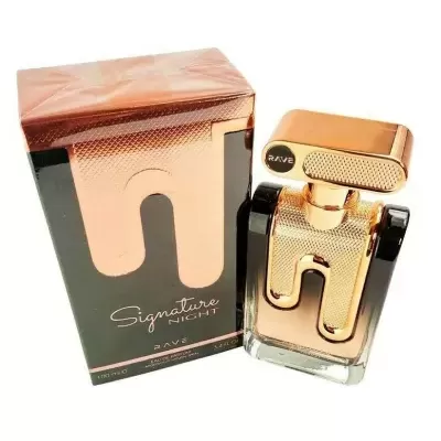 Frasco e caixa de perfume Signature Night da Rave em dourado e preto