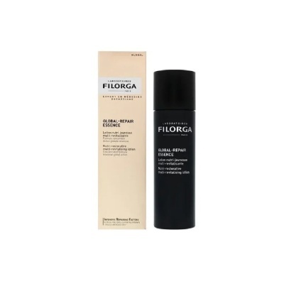 Frasco preto e embalagem bege do produto Filorga Global-Repair Essence