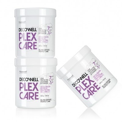 Três frascos brancos Decowell PLEX CARE com texto roxo e preto lado a lado