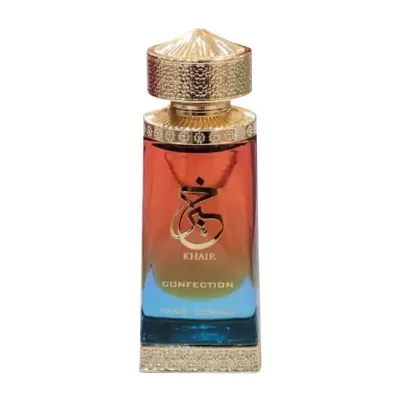 Frasco de perfume com tampa dourada e gradiente vermelho a azul