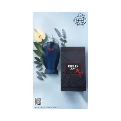 Perfume masculino Urban Man Ultra com embalagem preta e elementos naturais decorativos.