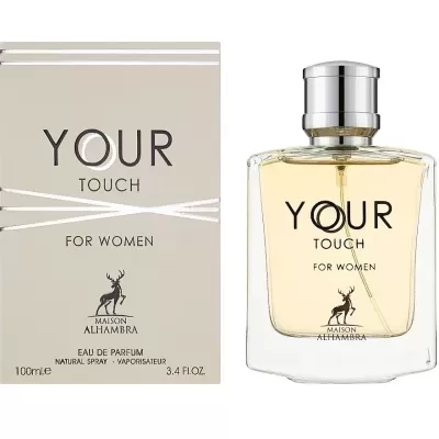 Perfume Your Touch for Women com caixa bege e frasco transparente com líquido amarelo