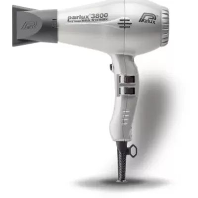 Secador de cabelo Parlux 3800 branco e cinzento com cabo preto e botões no cabo