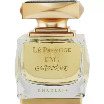 Frasco de perfume Lé Prestige King com tampa dourada e líquido amarelo