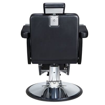 Cadeira de barbeiro preta com base cromada vista de trás