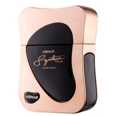 Frasco de perfume Armaf Signature True dourado rosado e preto