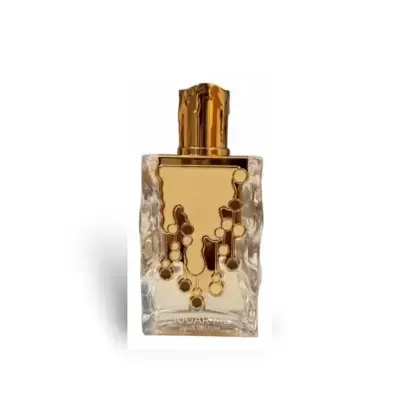 Frasco de perfume dourado e transparente com decoração dourada
