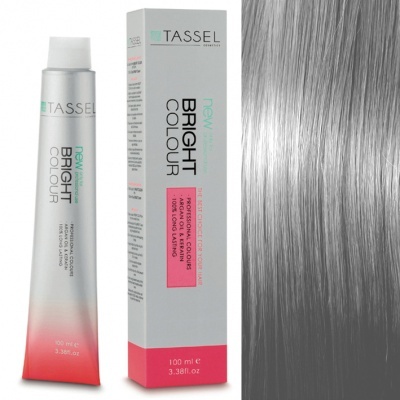 Tubo e caixa do produto de coloração capilar TASSEL new BRIGHT COLOUR e amostra de cabelo cinza prateado liso