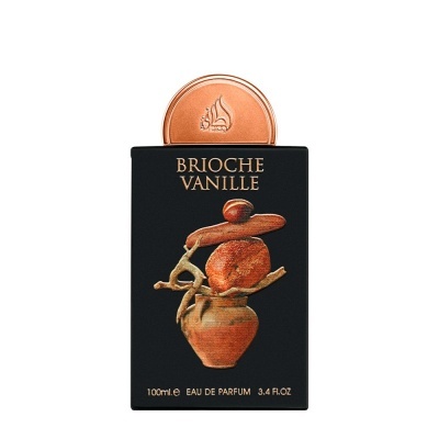 Frasco de perfume Brioche Vanille preto com tampa cobre