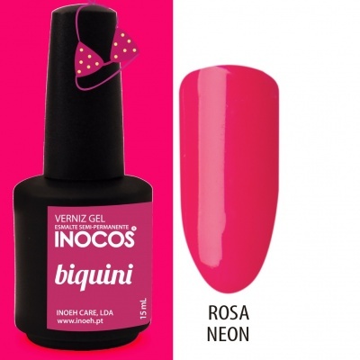 Verniz gel INOCOS rosa neon e amostra de unha pintada