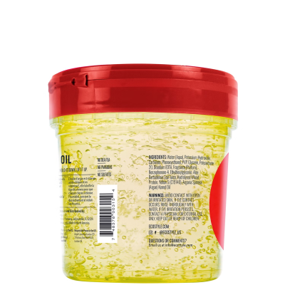 Frasco plástico transparente com tampa vermelha e gel amarelo com bolhas