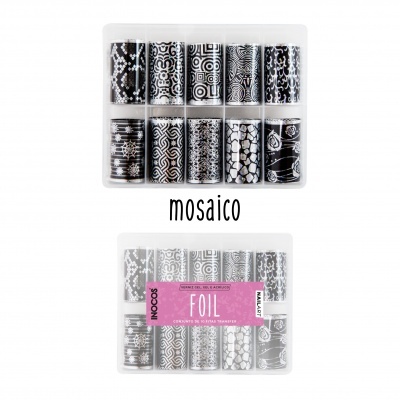 Conjunto de 10 rolos de foil para decoração com padrões em preto e branco em caixa transparente.