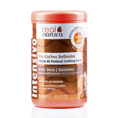 Frasco castanho de creme de pentear Real Natura Pro-Cachos Definidos com tampa laranja