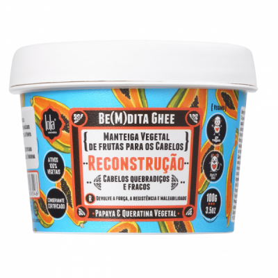 Manteiga vegetal para cabelo Be(M)dita Ghee com embalagem azul e rótulo branco