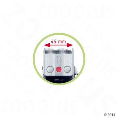 Cabeça de corte metalizada de máquina de tosquia com indicação de 46 mm e texto 'Made in Germany'.