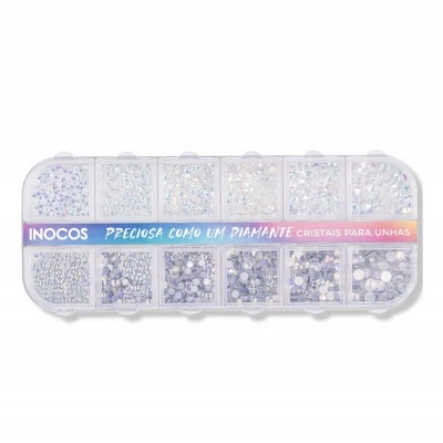 Estojo plástico com cristais brilhantes para unhas em vários tamanhos e tons iridescentes