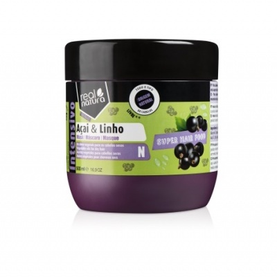 Frasco roxo com tampa preta de máscara capilar Real Natura Açaí & Linho
