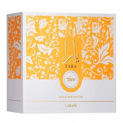Conjunto de presente de fragrância Lattafa Yara Totus em caixa branca e laranja com padrão floral