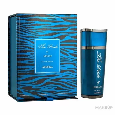 Frasco e caixa de perfume azul e preto com padrão zebrado e texto The Pride of Armaf Admiral