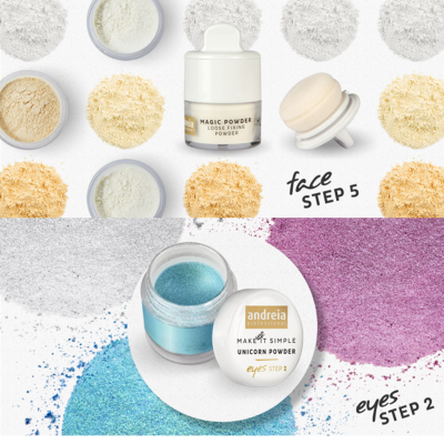 Pó solto fixador Magic Powder e pó colorido para olhos Unicorn Powder da Andreia, com amostras de cores em pó ao fundo