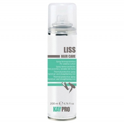 Frasco branco de spray termoprotetor para cabelo com rótulo verde e texto em várias línguas