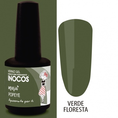 Frasco de verniz gel INOCOS verde floresta com amostra de cor