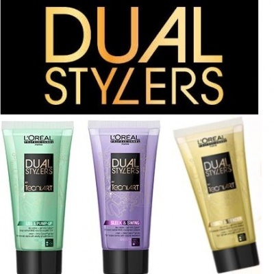 Três tubos de creme para cabelo L'Oréal Dual Stylers com cores verde, lilás e dourado