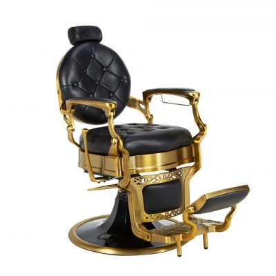 cadeira de barbeiro metálica dourada com couro preto capitonê