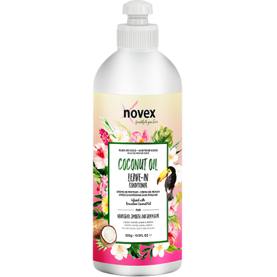 Frasco branco com tampa de bomba de óleo de coco para cabelo Novex com rótulo floral e texto multilingue
