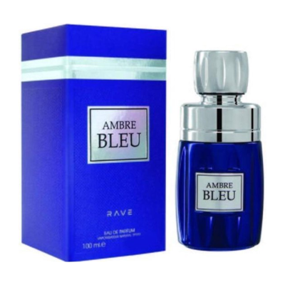 Perfume AMBRE BLEU da marca RAVE com frasco e caixa azul e prateados