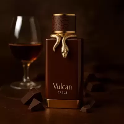 Frasco de perfume castanho com serpente dourada e chocolate ao lado