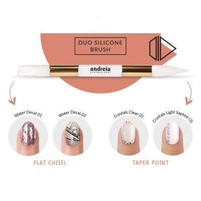Pincel duo silicone com ponta chata e pontiaguda e unhas decoradas com decalques e cristais