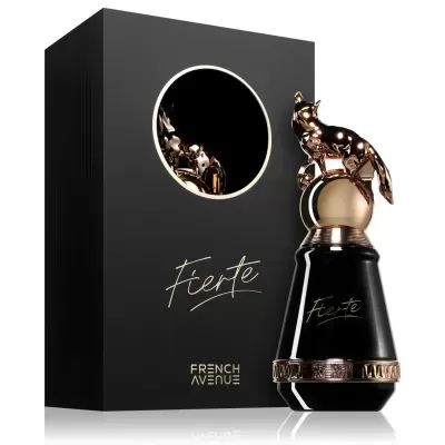 Frasco de perfume preto com tampa dourada e embalagem preta com texto dourado