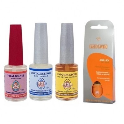 Produtos de tratamento para unhas Casco Cavalo com embalagens brancas e tampa prateada