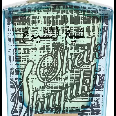 Frasco de perfume azul com tampa dourada texturizada e texto impresso.