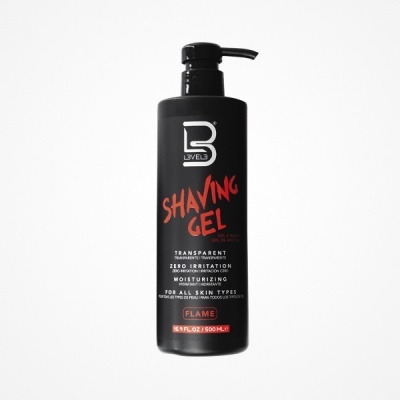 Frasco preto com gel de barbear BLevel3 de 500 ml, texto vermelho e branco