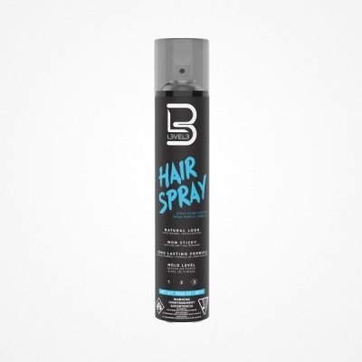 Spray de cabelo preto com tampa cinza e texto azul e branco