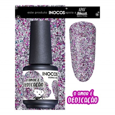 Frasco de verniz gel glitter INOCOS com amostra da cor e texto promocional.