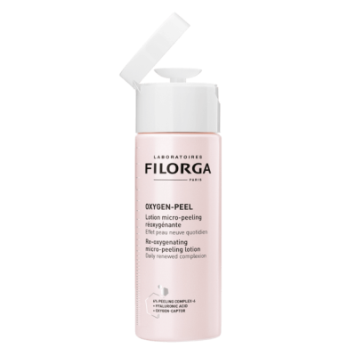 Frasco rosa claro de loção micro-peeling FILORGA com tampa branca aberta