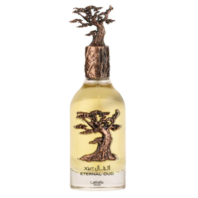 Frasco de perfume Eternal Oud com tampa em estilo árvore e líquido amarelo.
